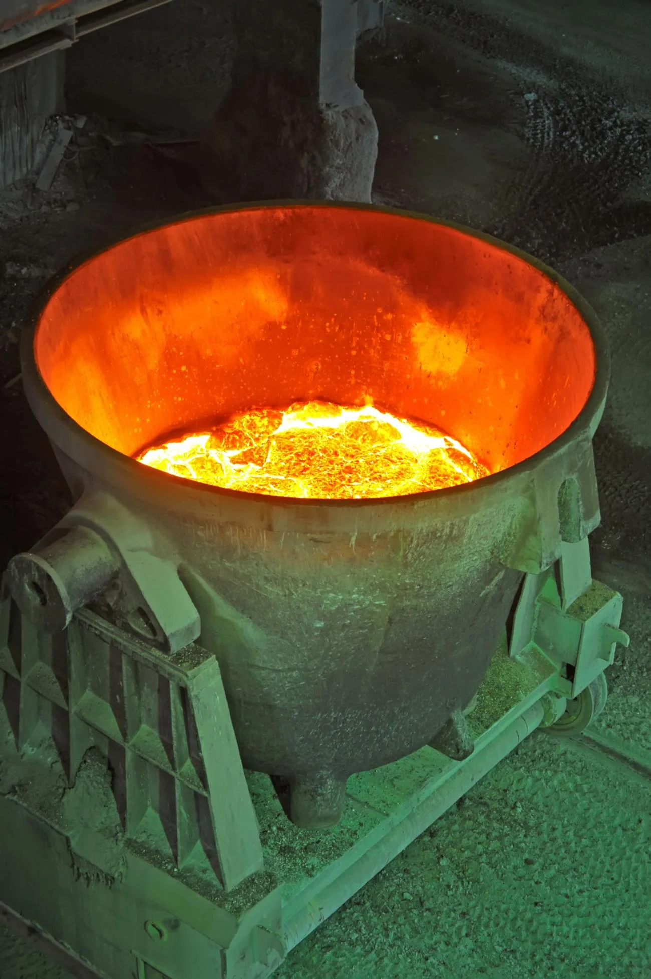 Glowing molten metal in a crucible